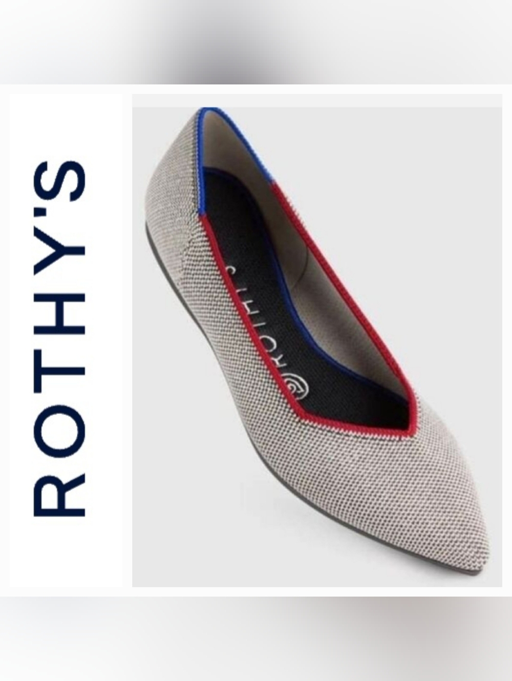Rothy's Retired Gray Points Red & Blue Piped Ballet Flats Sz 7½-8